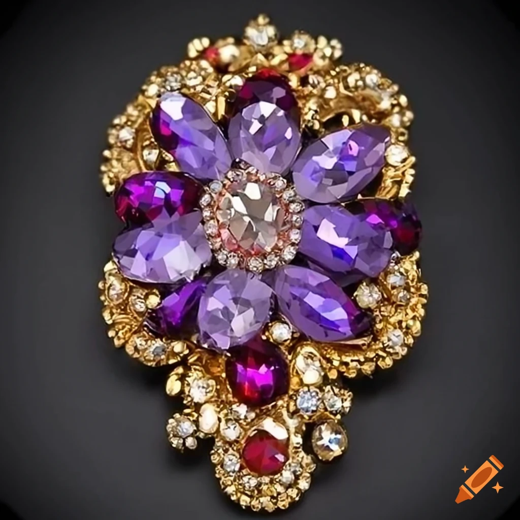 Rococo-inspired beaded brooch in ruby red, lilac purple, and buttery gold colors