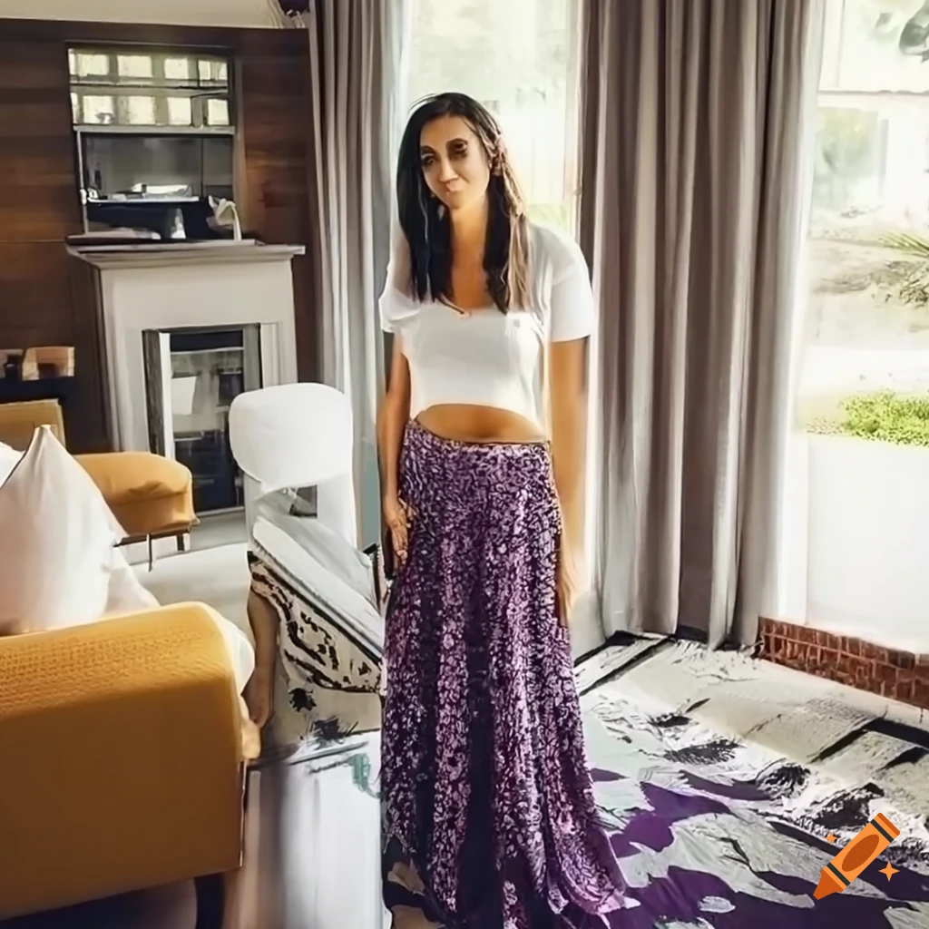 Woman wearing tank top and pajama maxi skirt in bedroom on Craiyon