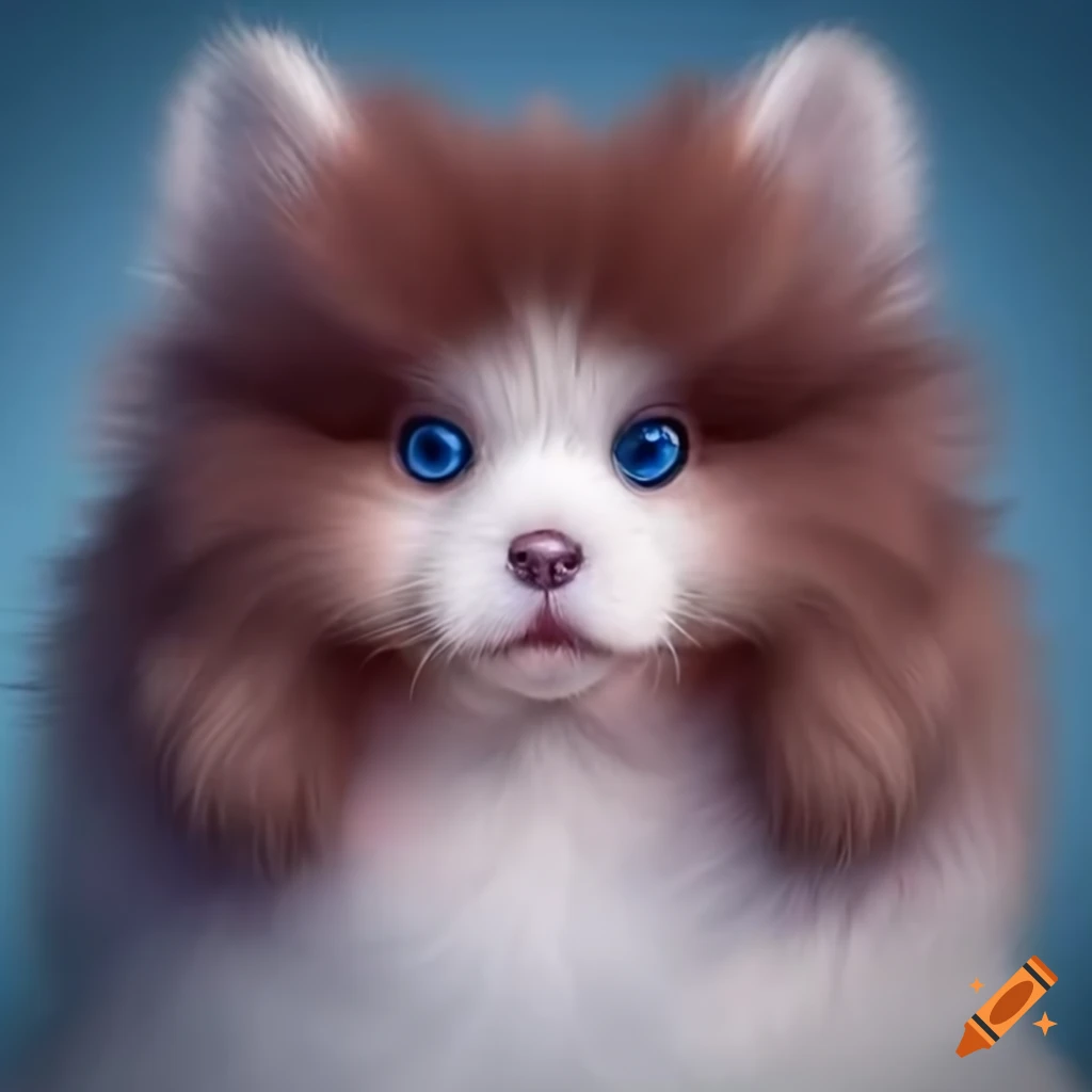 Fluffy puppy with blue eyes in a realistic pastel style