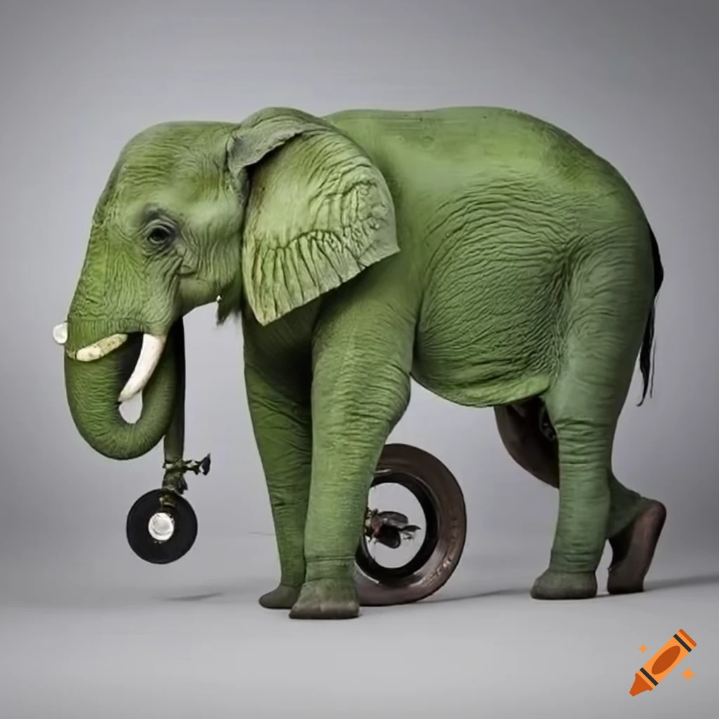 Artistic representation of green elephants with wheels and two trunks ...