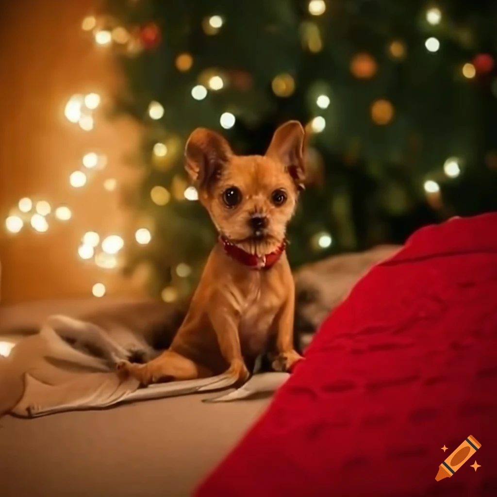 Small brown dog under a christmas tree on Craiyon