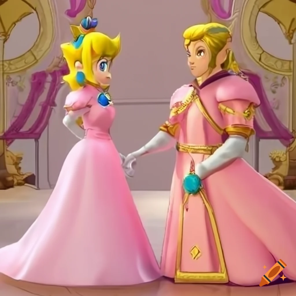 Princess Peach and Link posing together in pink silk ballgown