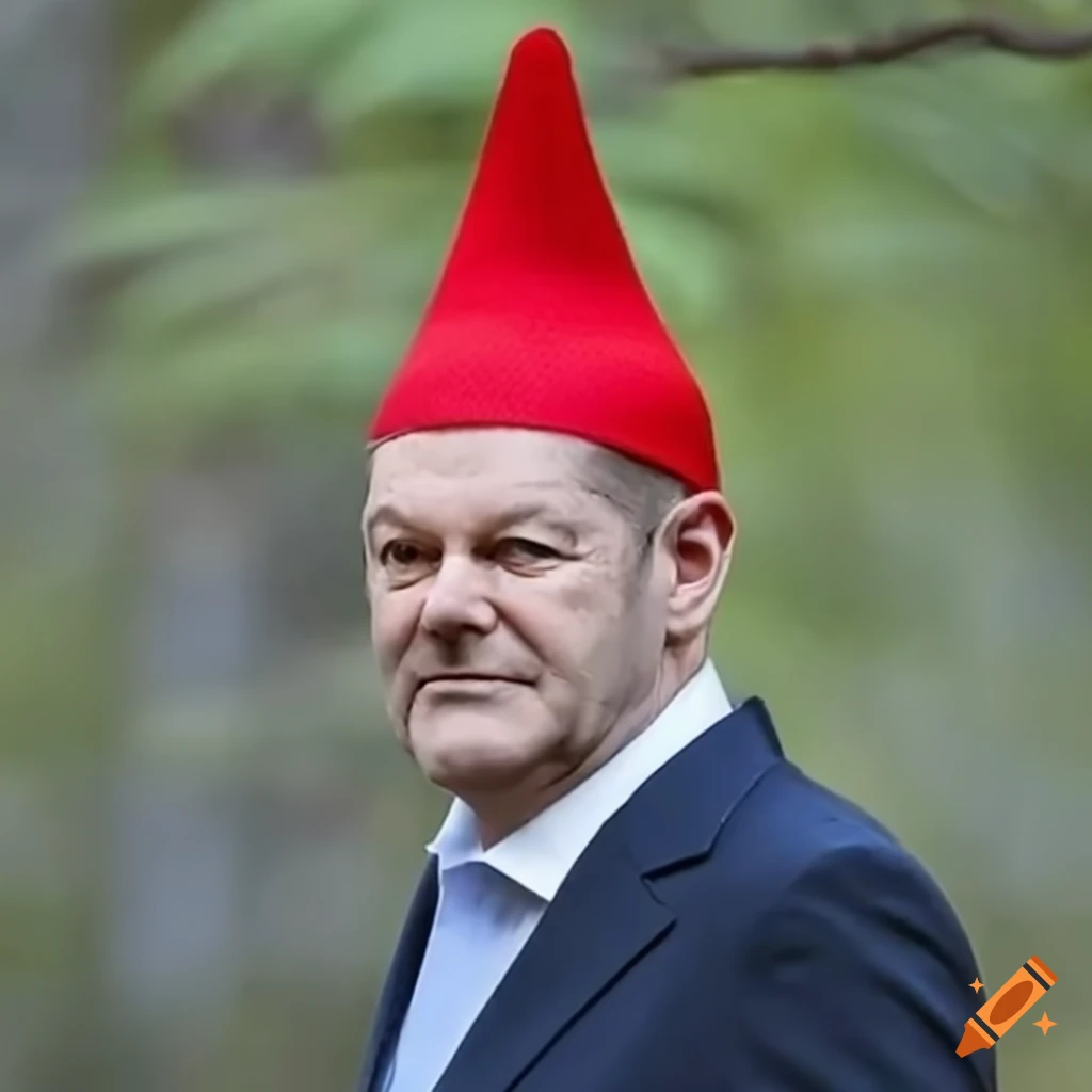 Olaf scholz with a red pointy hat resembling a garden gnome on Craiyon