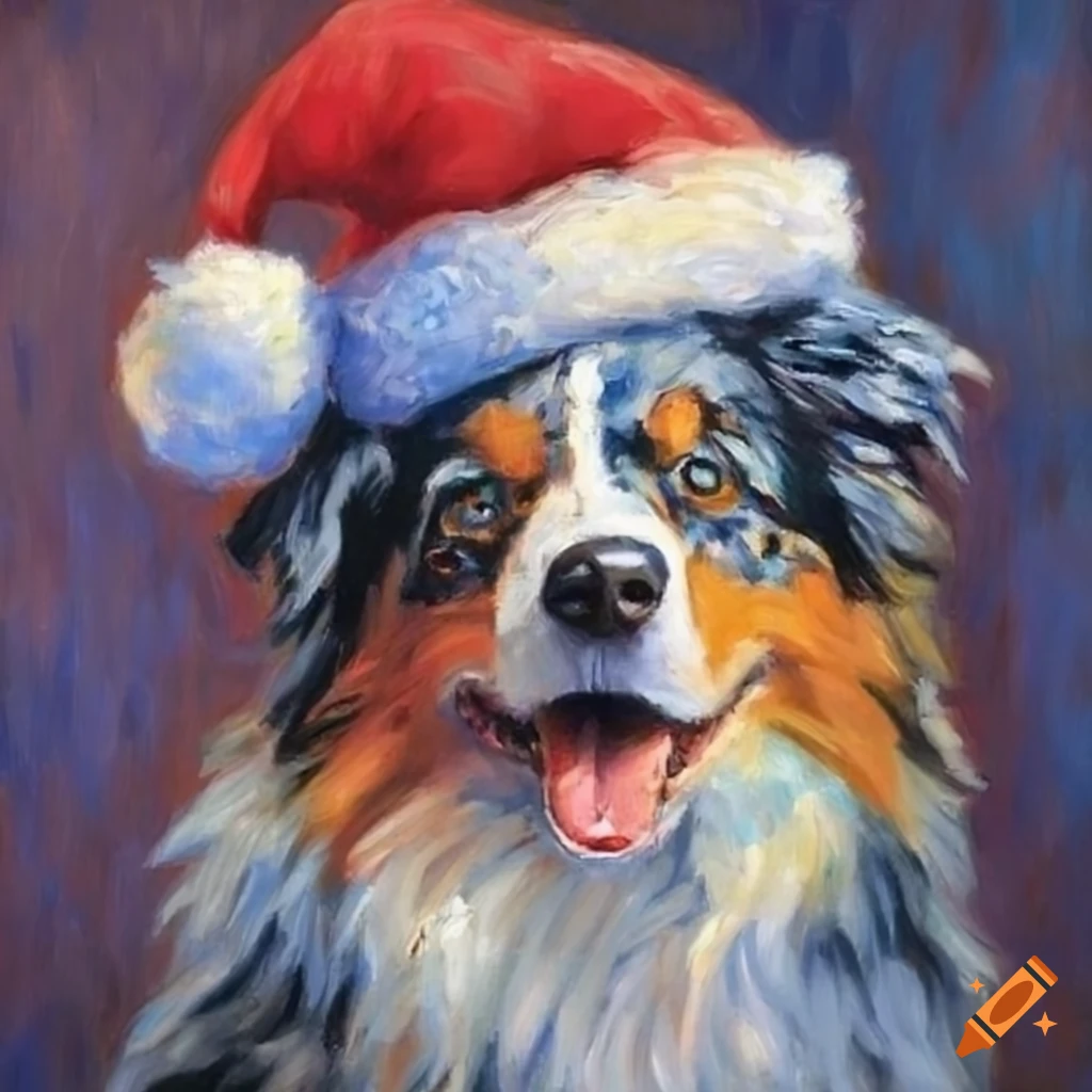 Claude monet painting of australian shepherd dog with a christmas hat ...