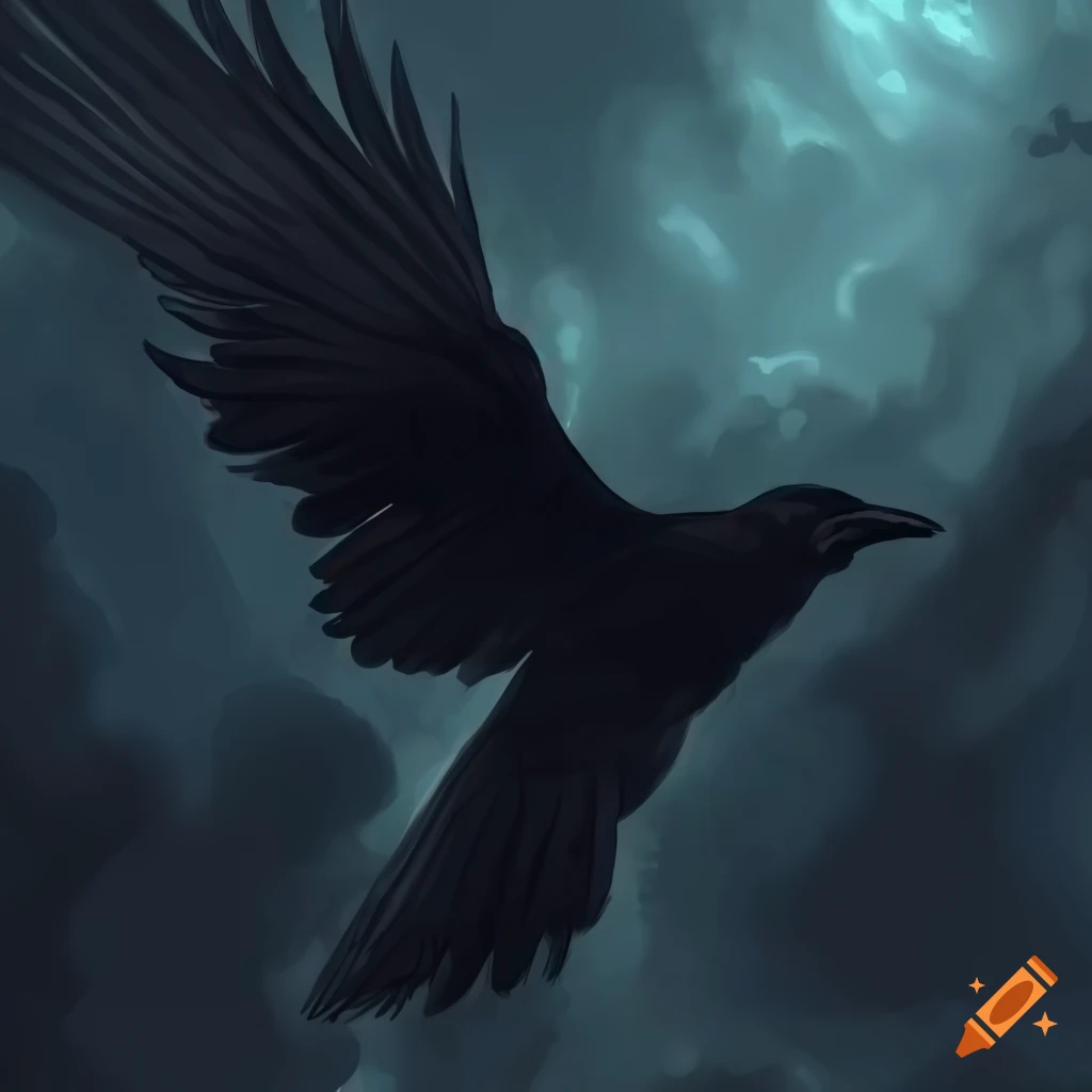 Crow flying through the clouds in a comic-style artwork on Craiyon