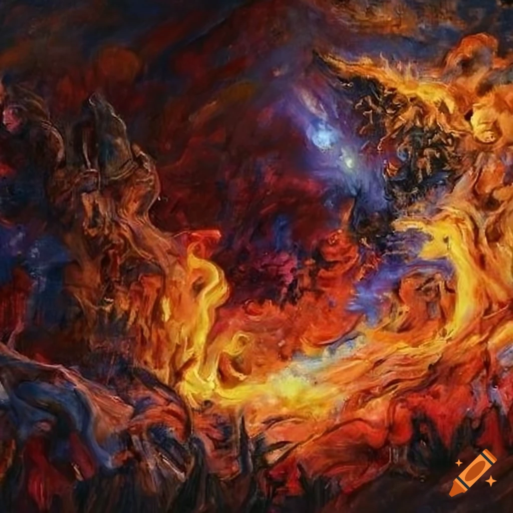 Chaotic raging flame with spectral animals and constellations in a night sky
