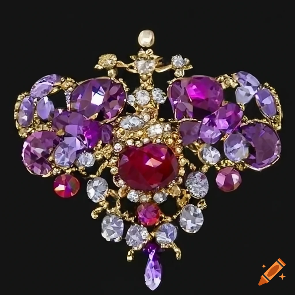 Rococo inspired brooch with sparkling ruby and gemstones like melting ice cream