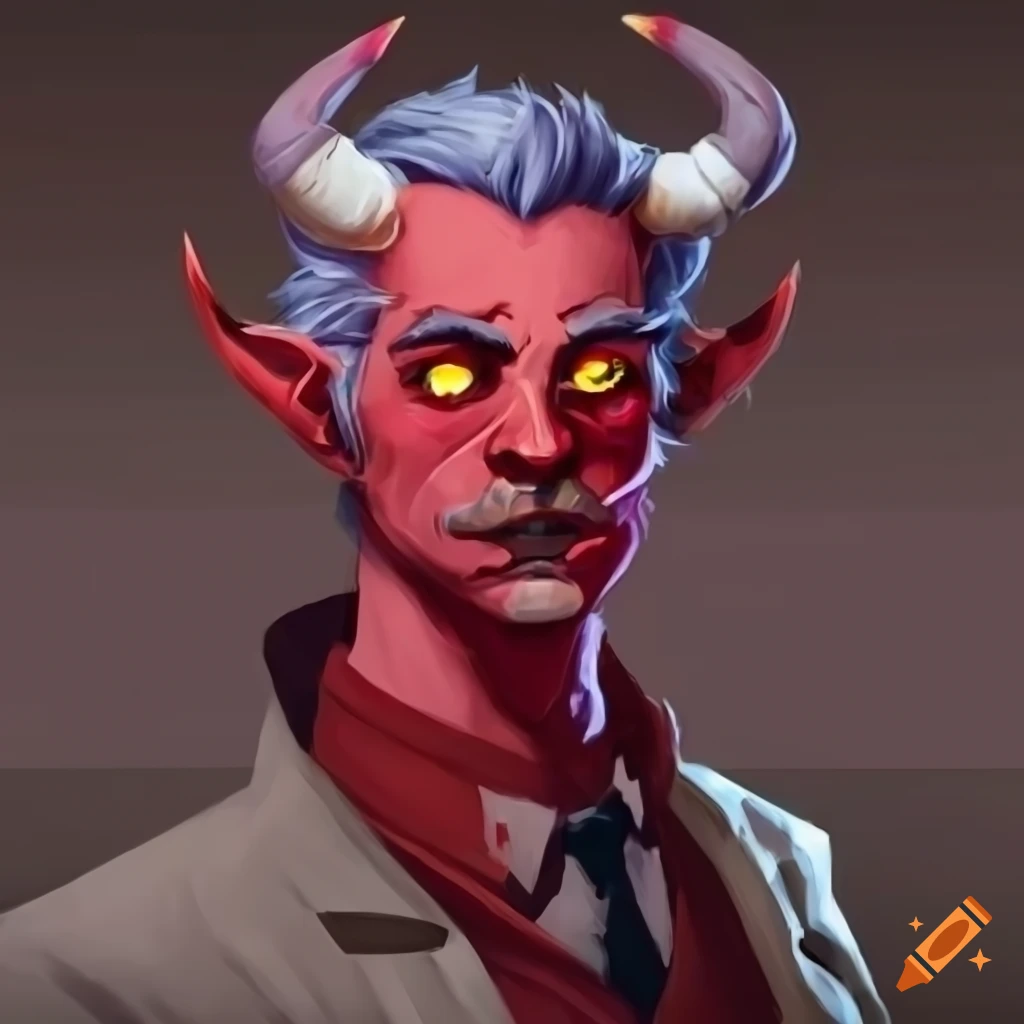 Old male tiefling detective with red skin on Craiyon