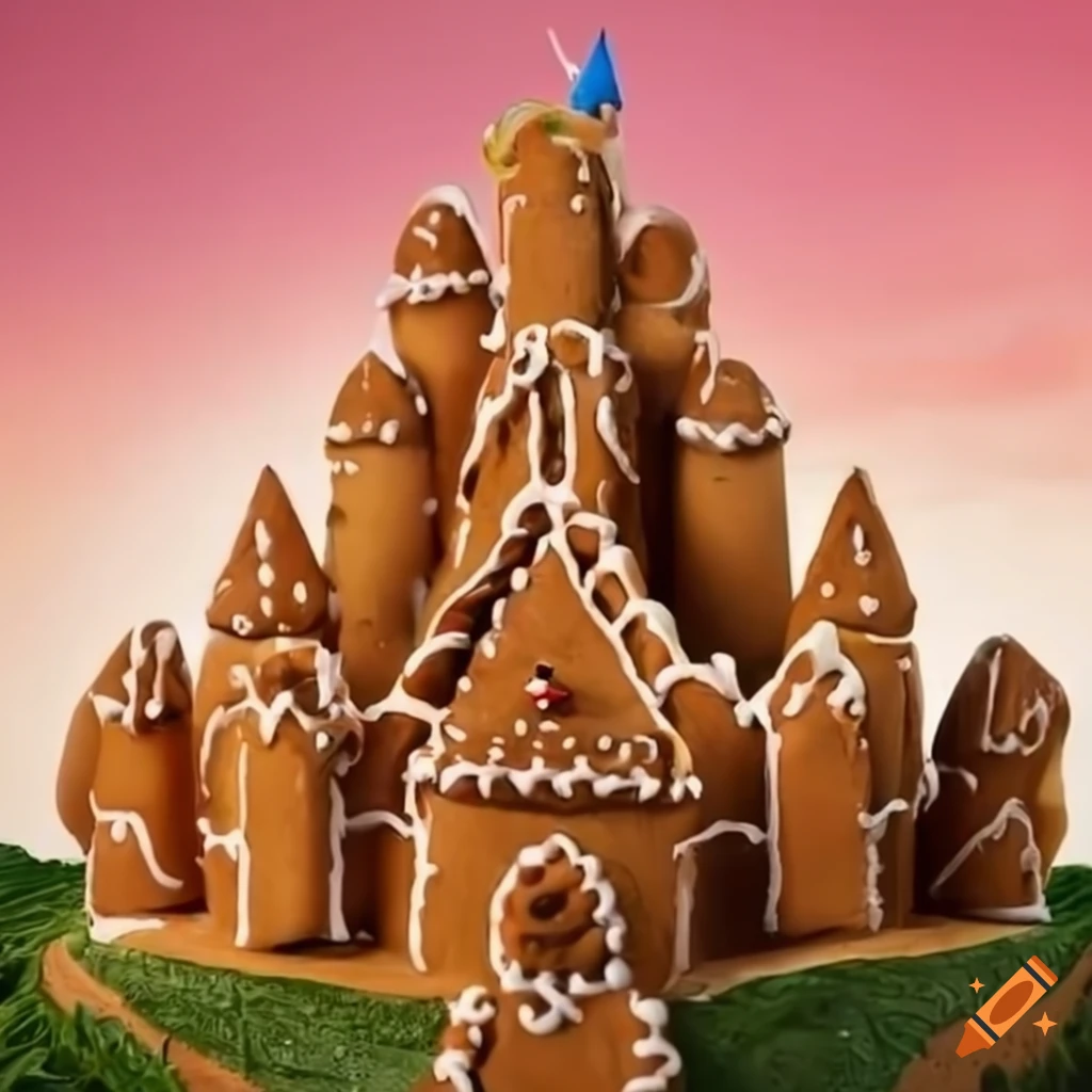 Intricate fullsize gingerbread castle on a high hill on Craiyon