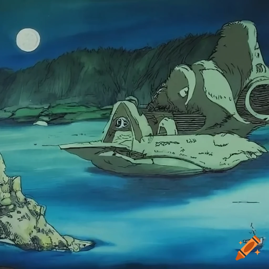 Gouache landscape painting of a martian gunboat in Hayao Miyazaki's style