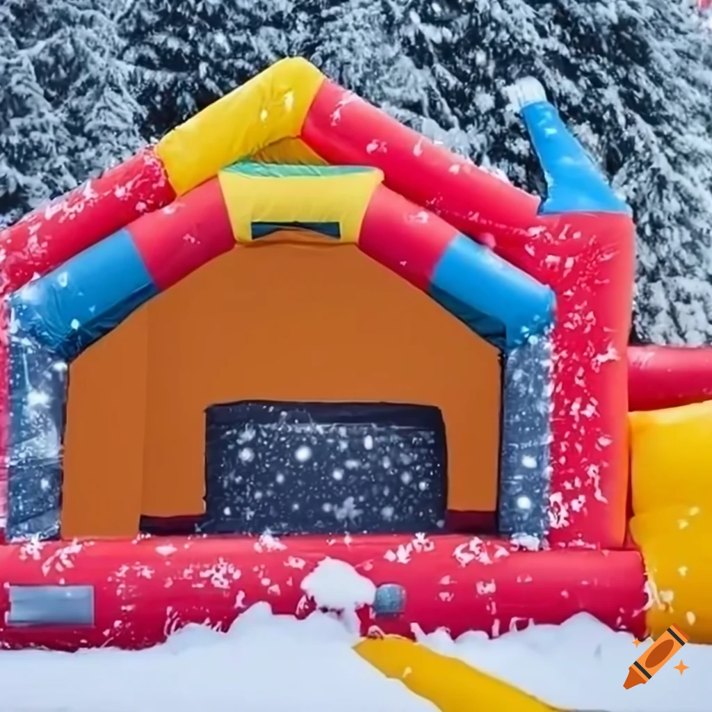 Festive bounce house in a snowy winter setting on Craiyon