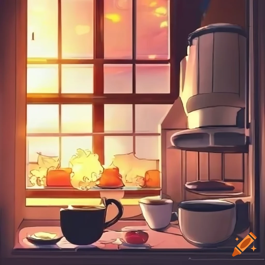 Morning kitchen scene with sun coming through the window and a cup of coffee