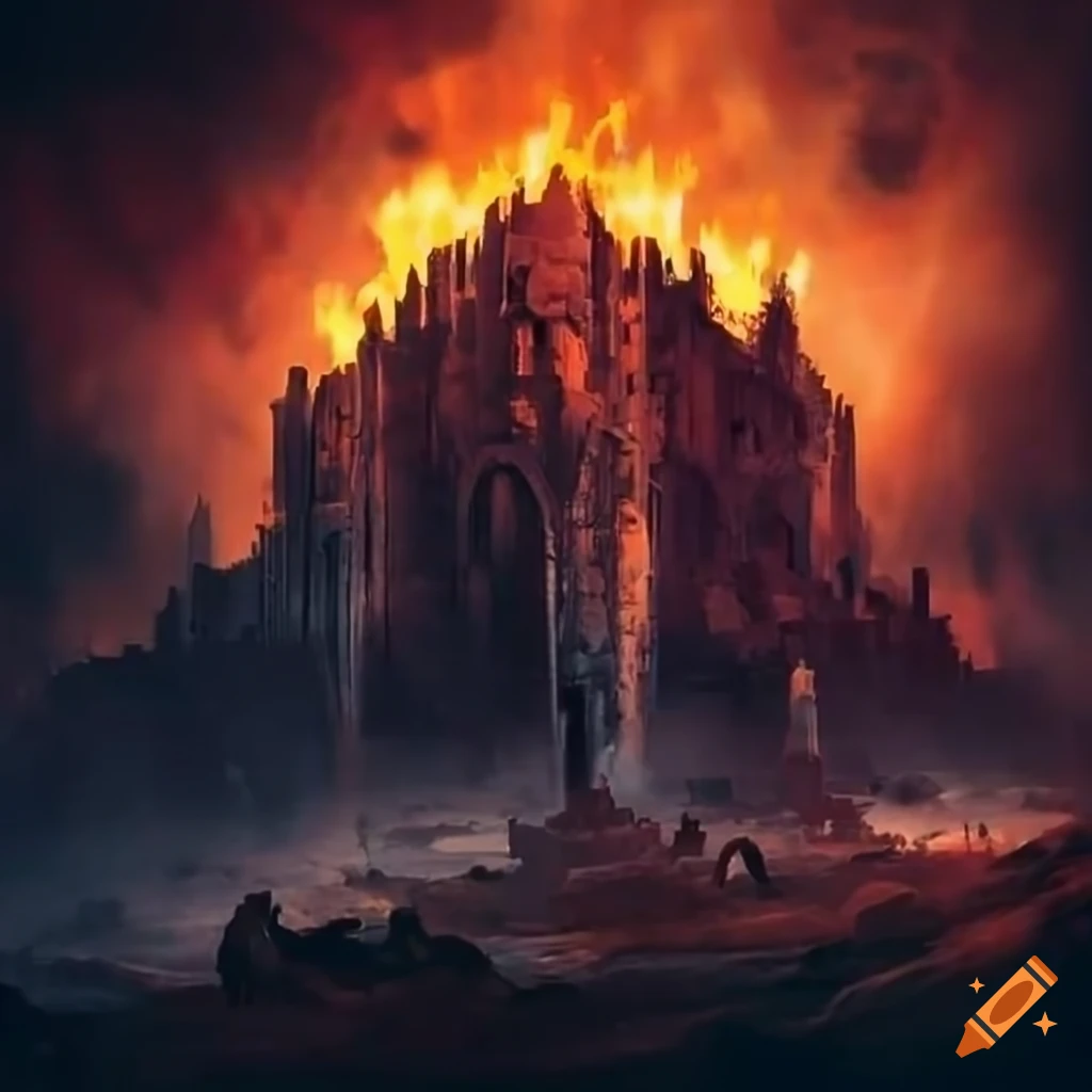 Desolate wasteland with ruins, fire, and ash