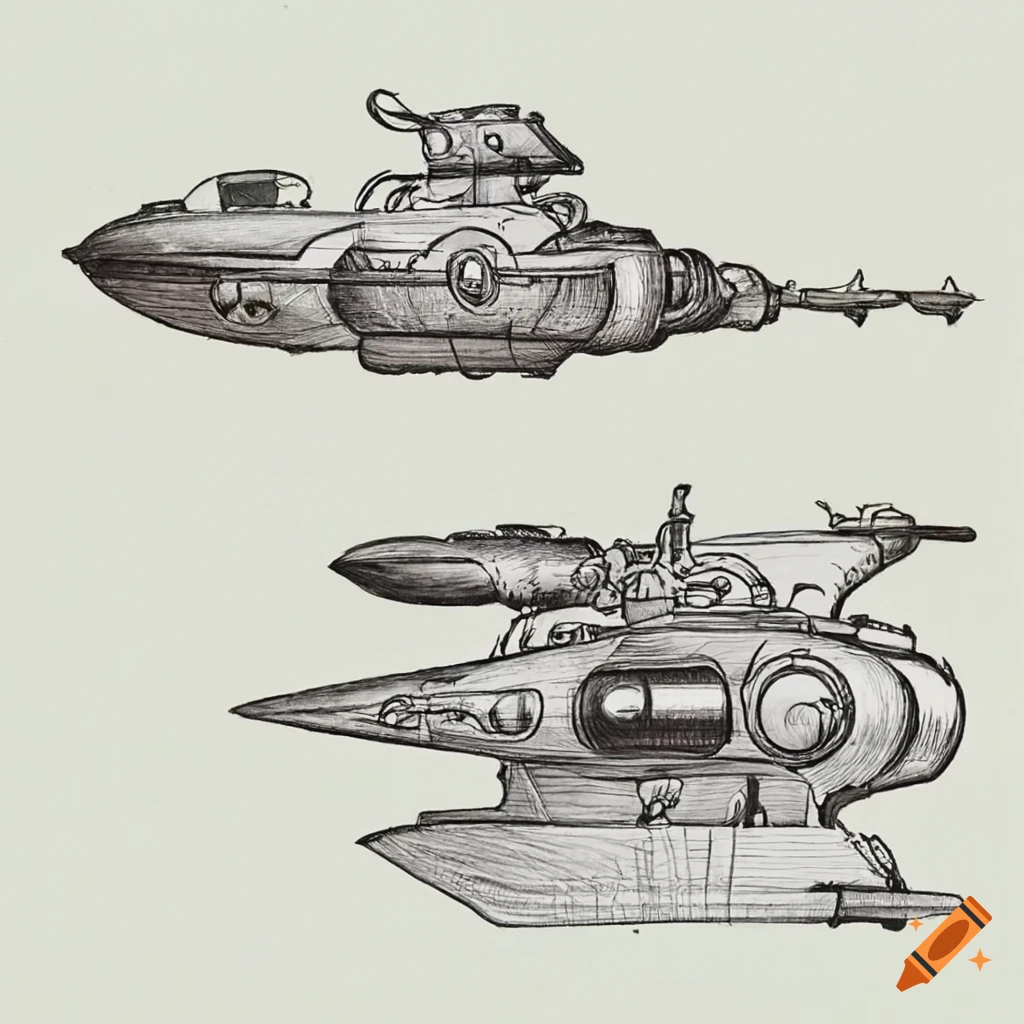 Bulbous shaped martian gunboat technical drawing in the style of Hayao Miyazaki