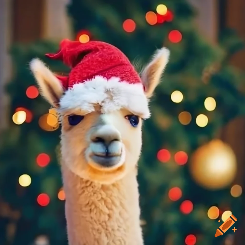 Adorable alpacas in festive outfits next to a christmas tree on Craiyon