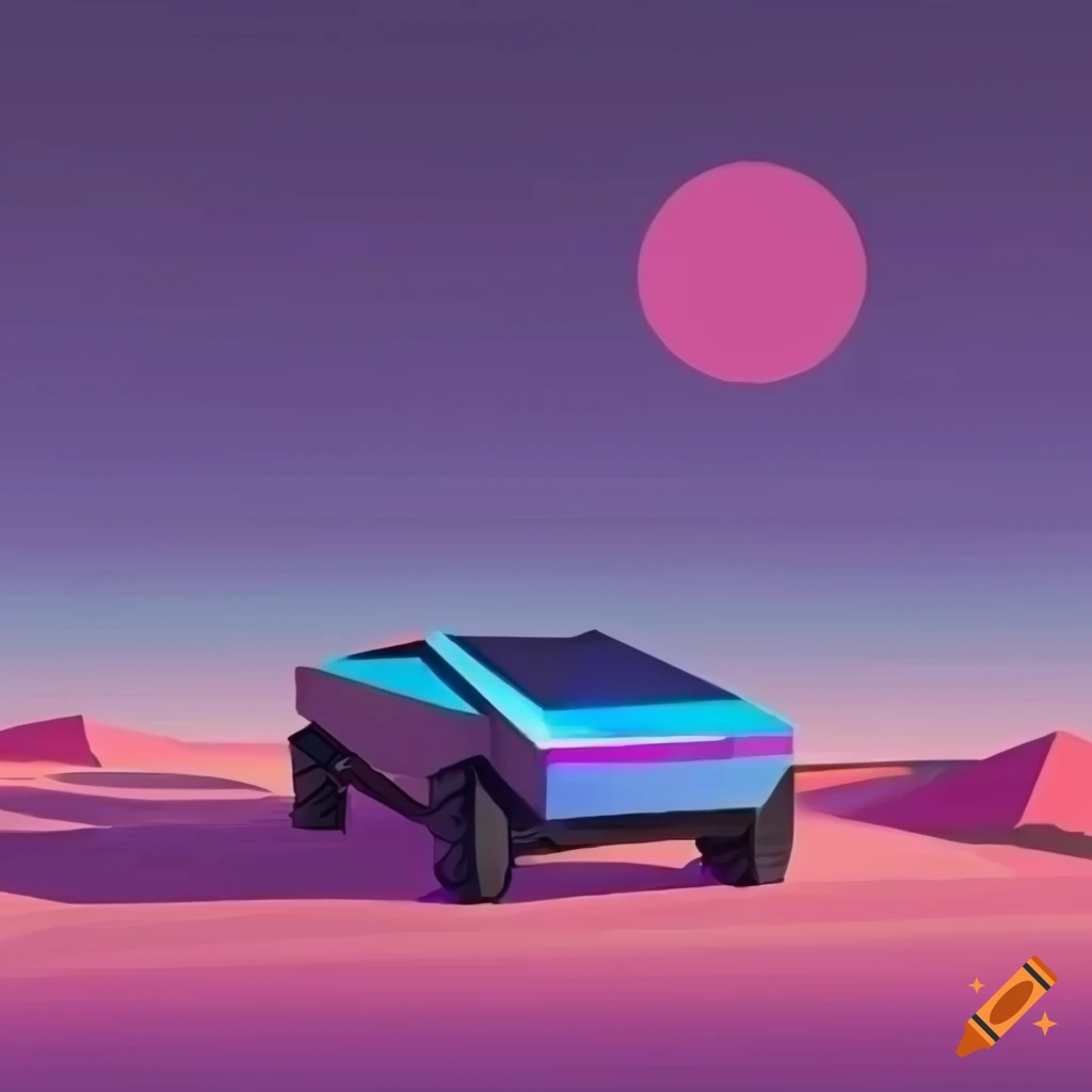 Tesla Cybertruck in a retro-futuristic desert setting with a sunset and city in the background