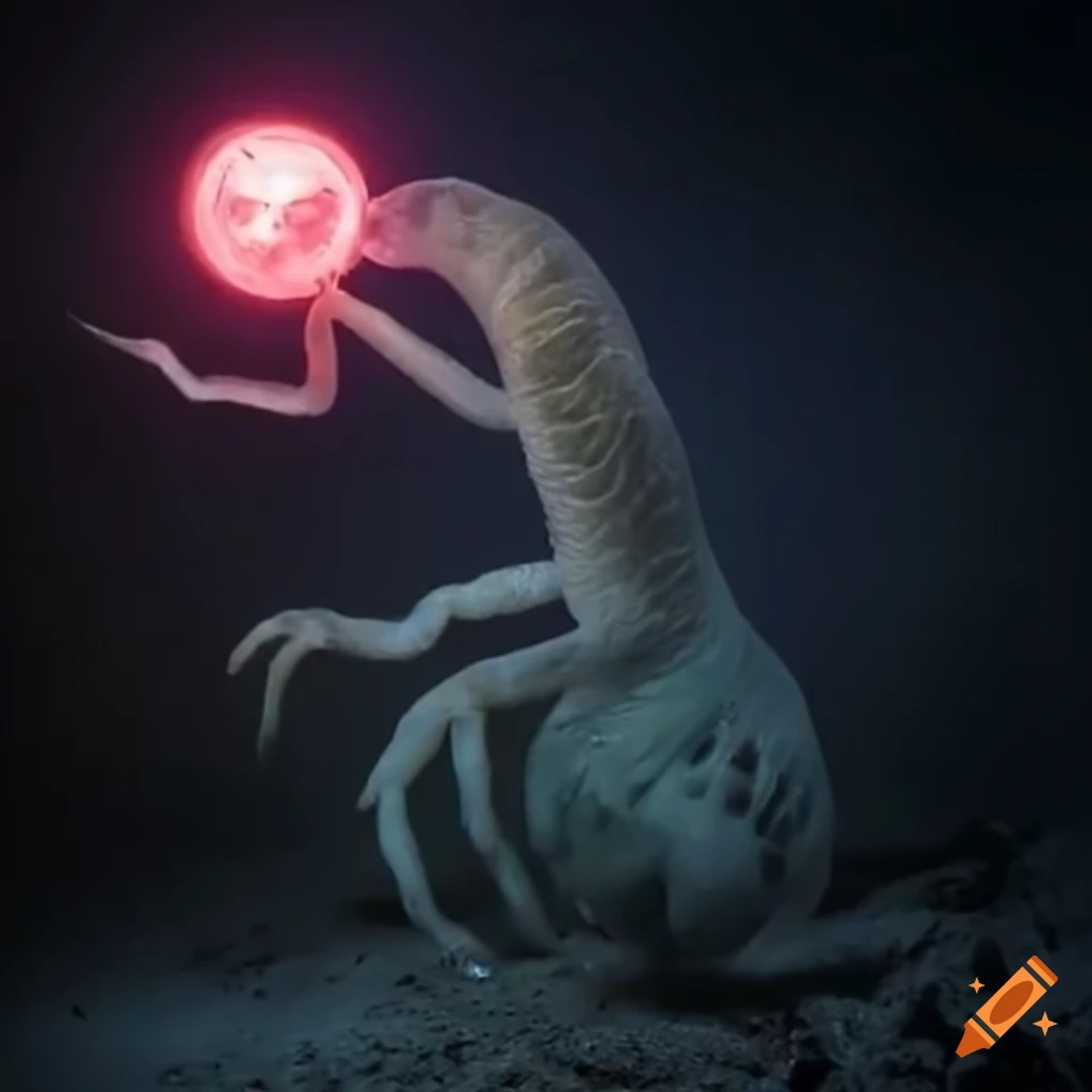 Strange creature with long arms and fangs holding a glowing orb on Craiyon