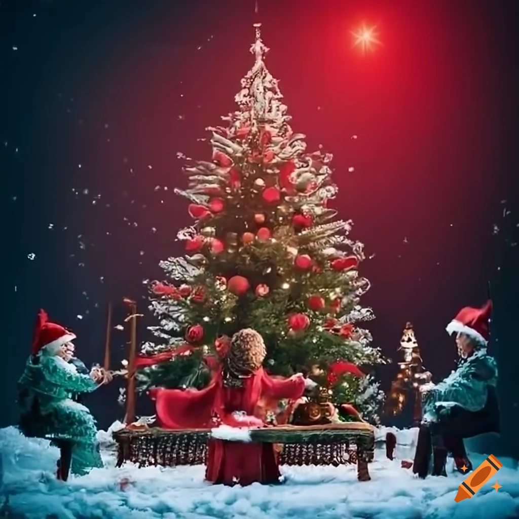 Christmas Carol Singers Playing Instruments Under A Red And Green Tree Christmas Carol Singers Playing Instruments Under A Red And Green Tree