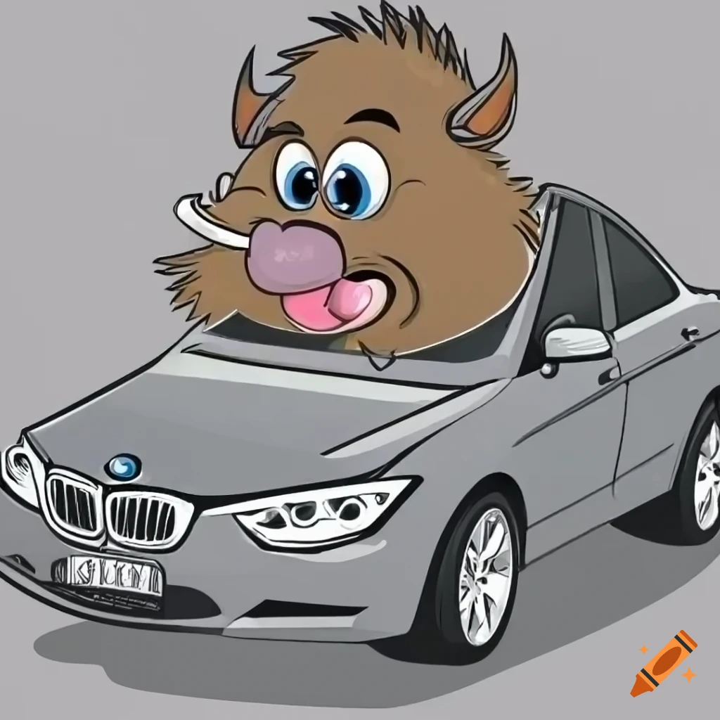 Cute cartoon boar sticking out tongue in a silver BMW e90 car on Craiyon