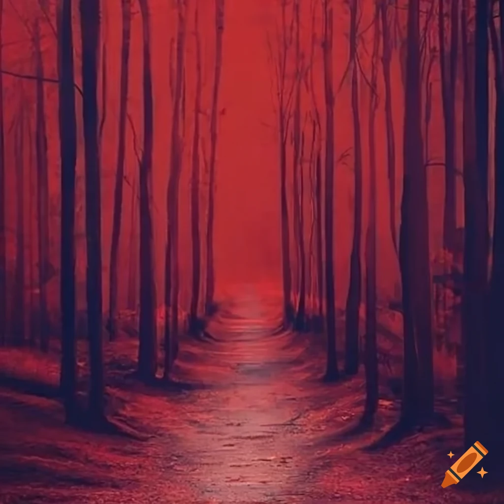 Path through a vibrant red forest on Craiyon
