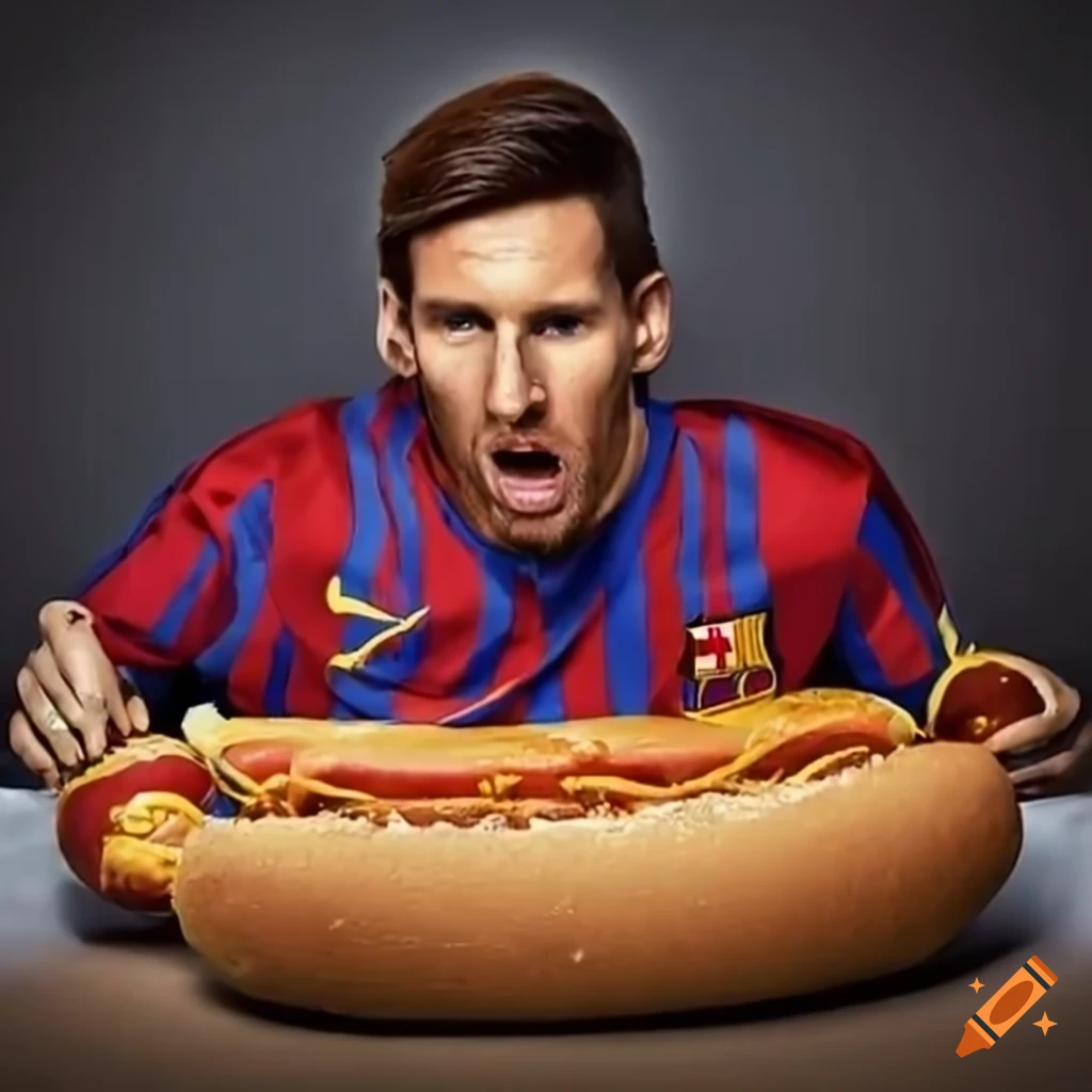 Messi eating a hot dog in hyper-realistic style on Craiyon