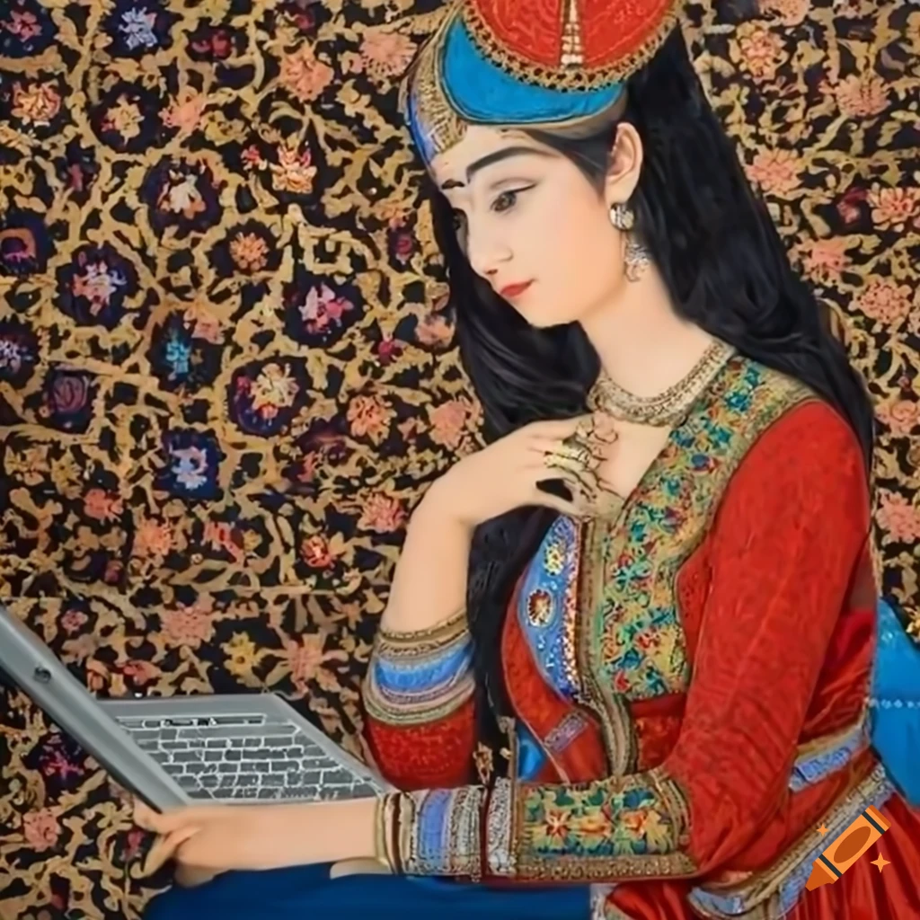 Woman in traditional persian dress typing on laptop in a persian ...