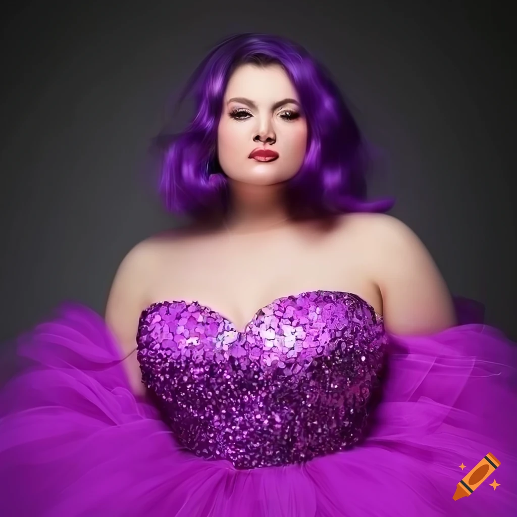 Elegant plus size woman in purple hair and sequins ball gown posing in high-definition photo-realistic art