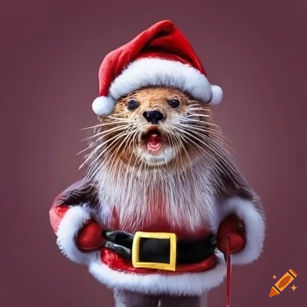 Otter wearing Santa Claus costume