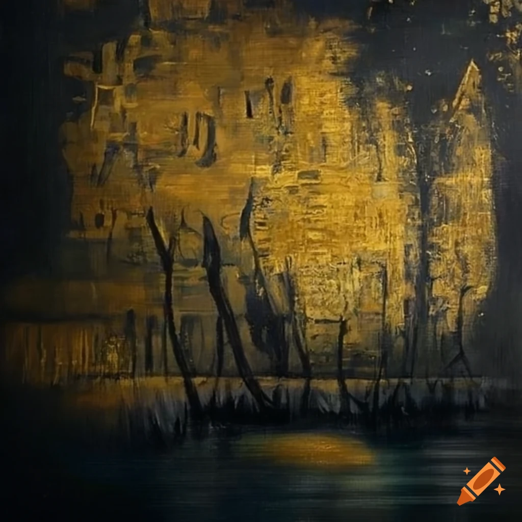 abstract-dark-winter-landscape-painting-with-gold-accents-in-klimt