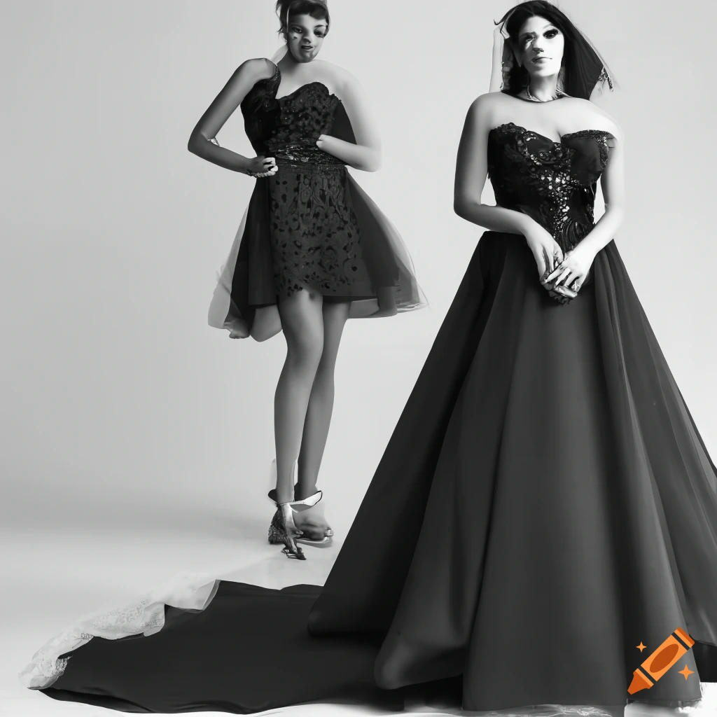 Three women in black wedding gowns standing in front of a white ...