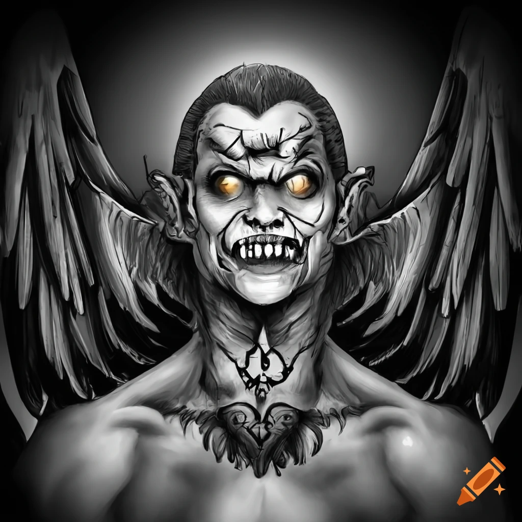 Human vampire with open wings and a heart in his chest in black and