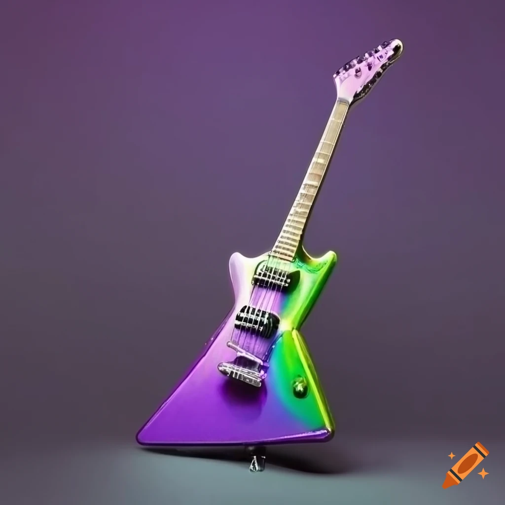 Metallic purple explorer guitar with green pearlescent finish on