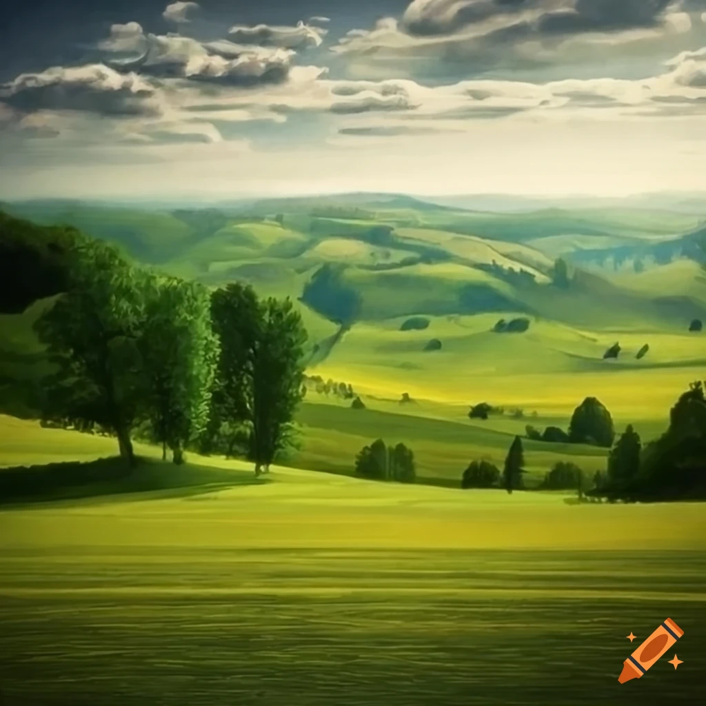 Serene countryside landscape with rolling hills and trees on Craiyon