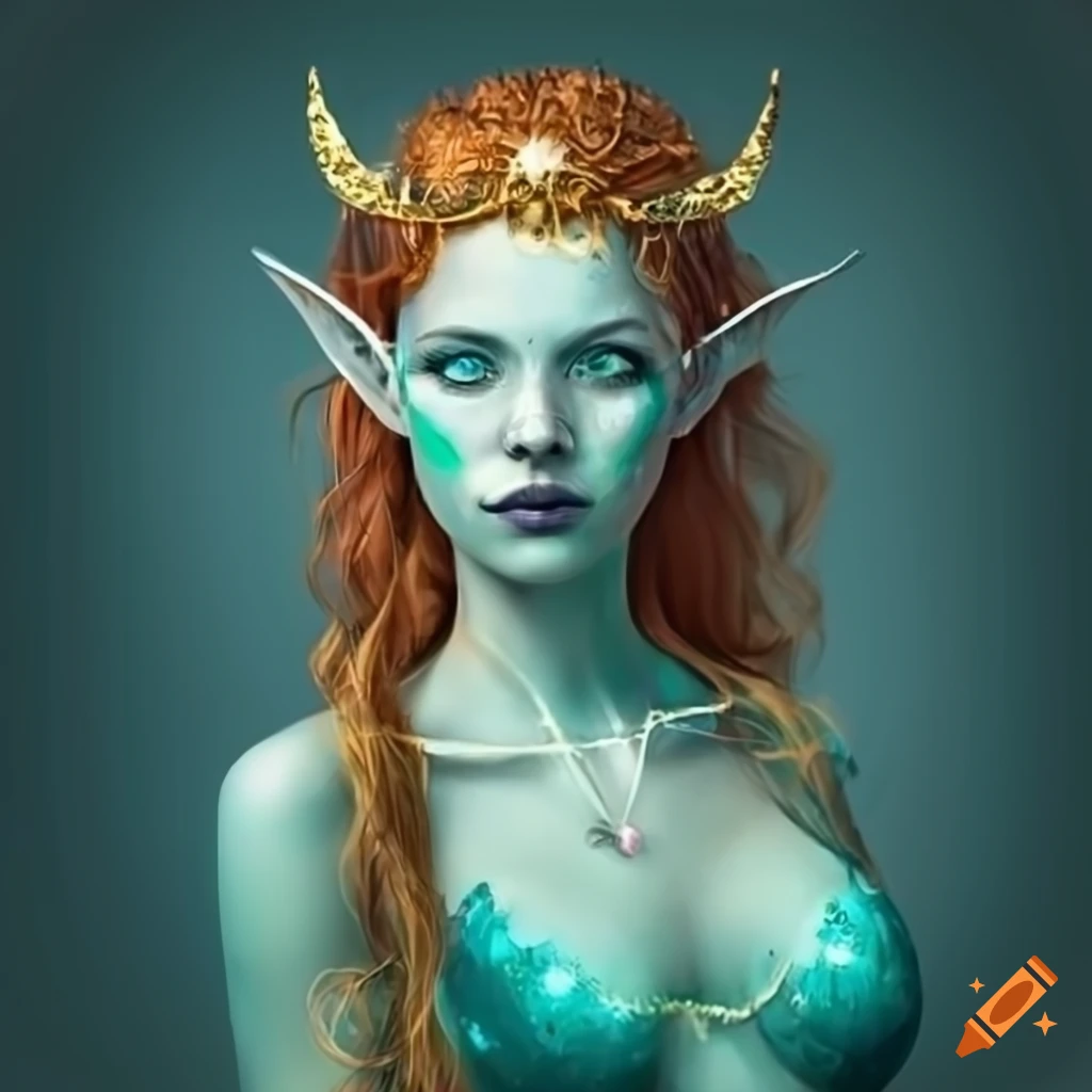 Auburn-haired elven woman with green eyes and freckles as an Ocean ...