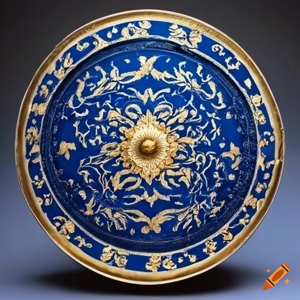 Churchill blue willow pattern round shield with gold leaf
