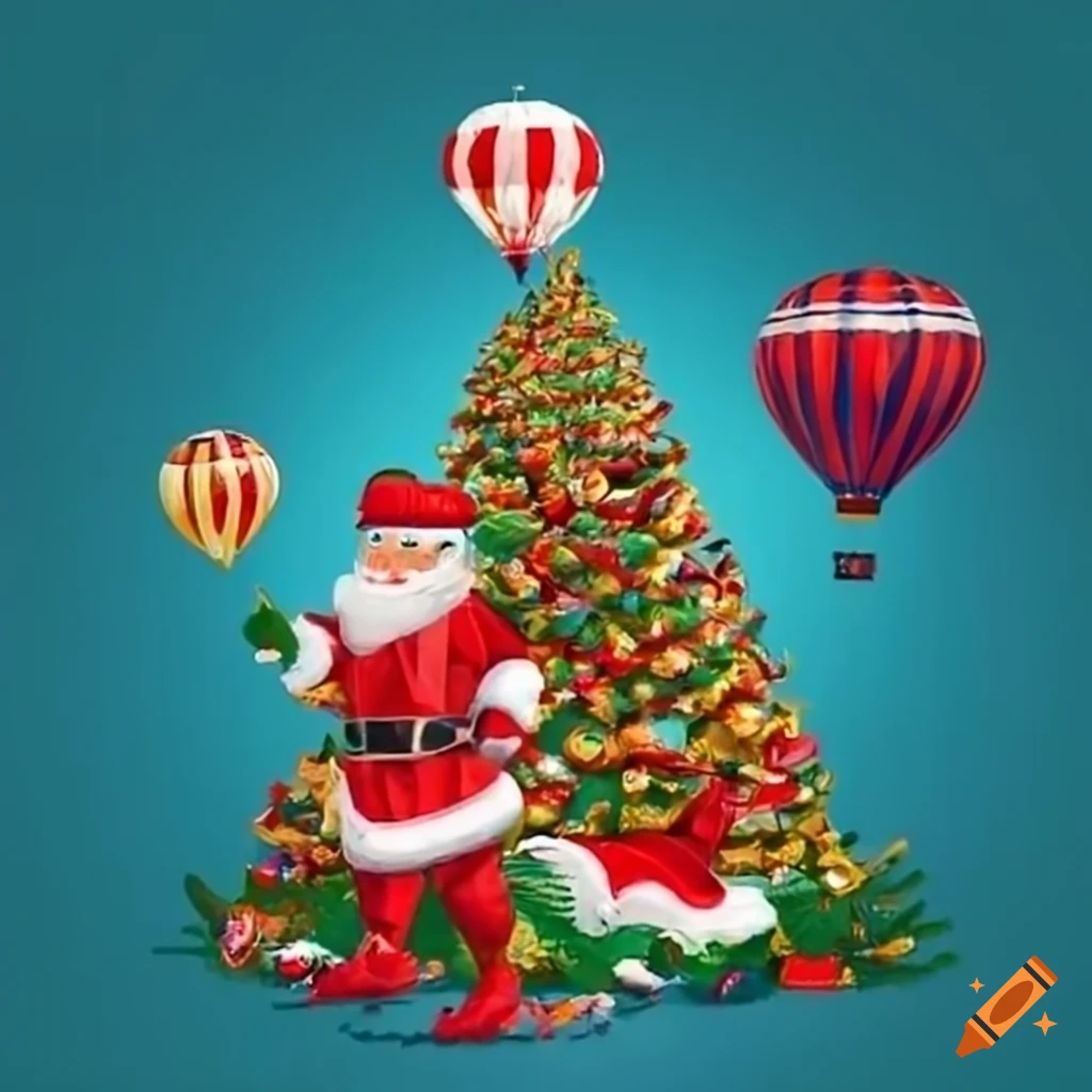 Christmas tree with Santa Claus, dinosaurs, and hot air balloon