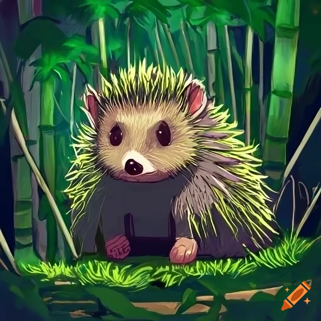 Hedgehog walking through a bamboo forest in a sketch art style