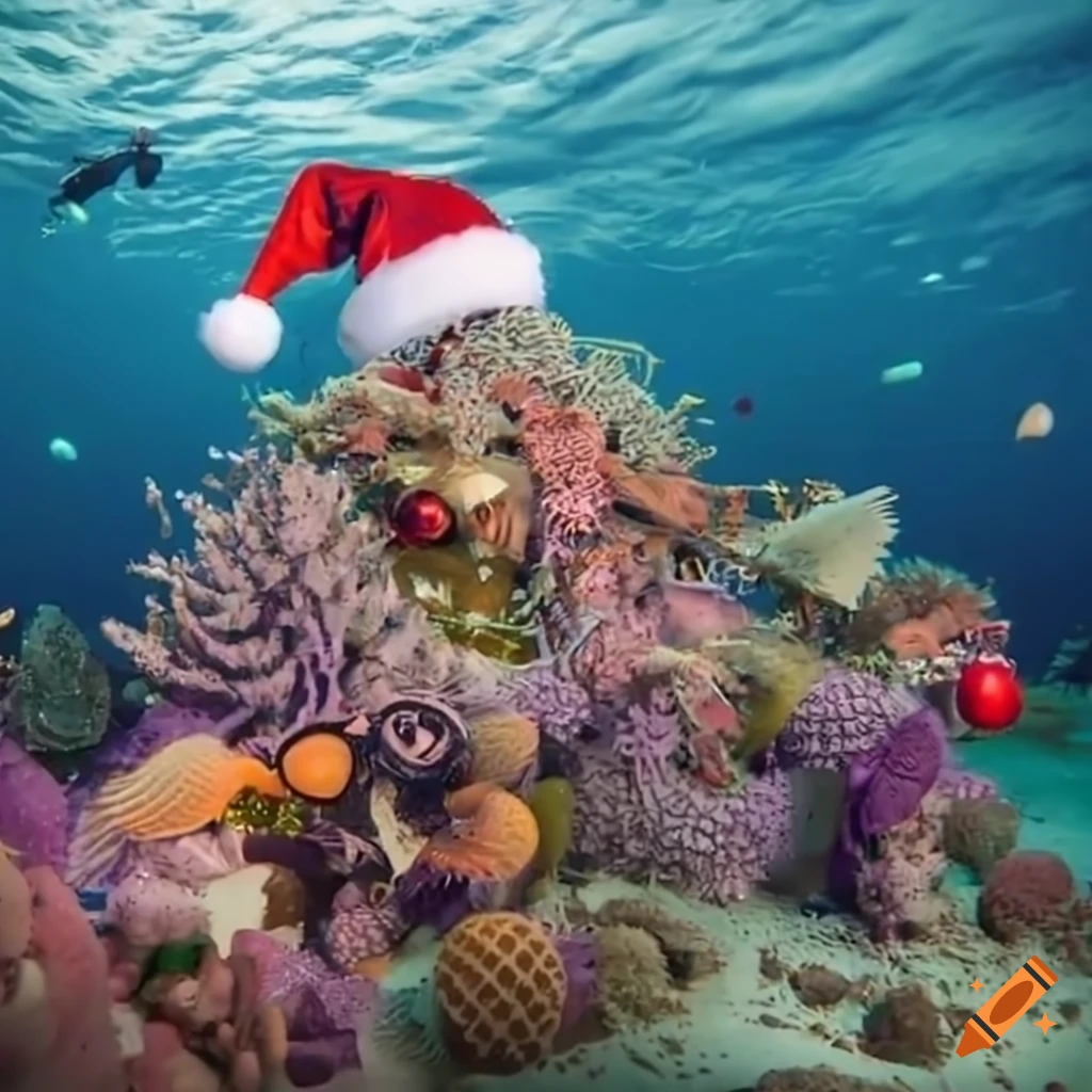 Underwater Christmas with divers wearing a Christmas hat