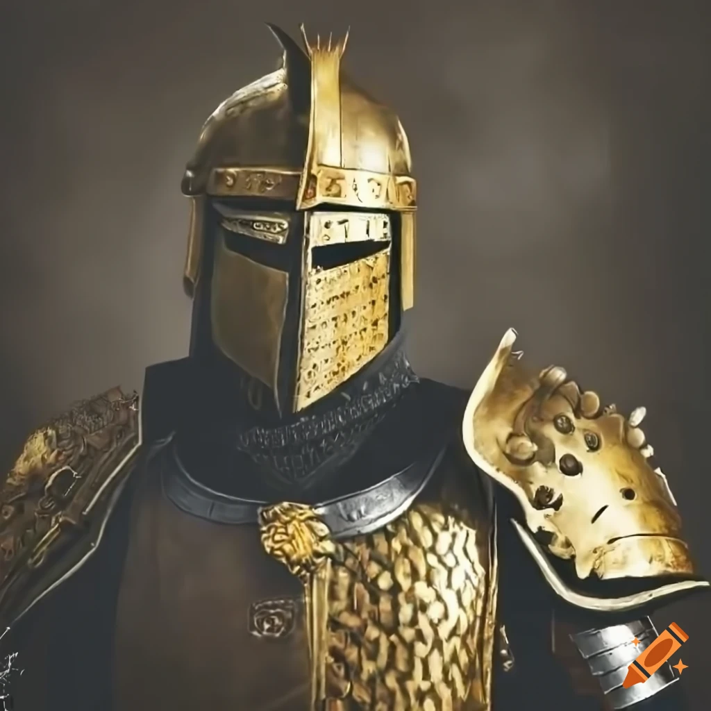 Medieval king in golden armor inspired by Total War Warhammer III and a crusader helmet