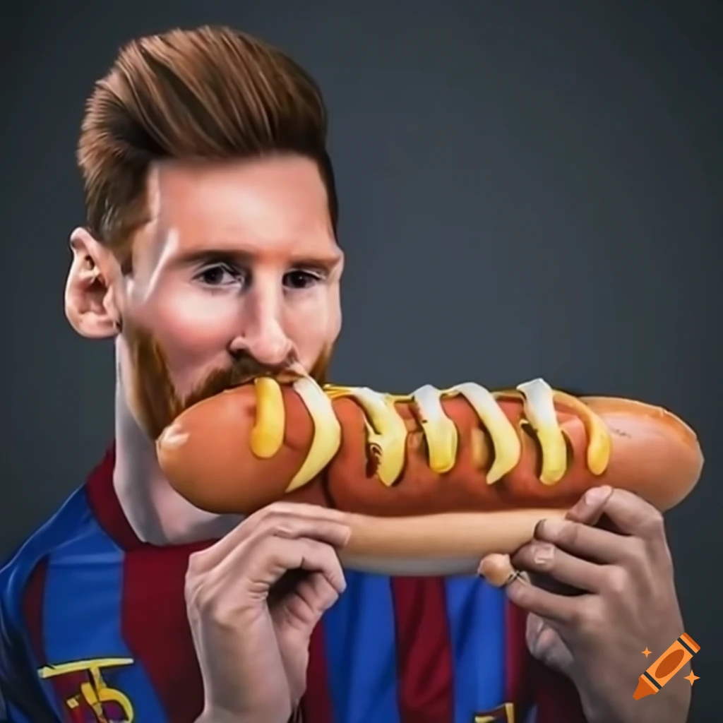 Messi enjoying a hot dog in hyper-realistic style on Craiyon
