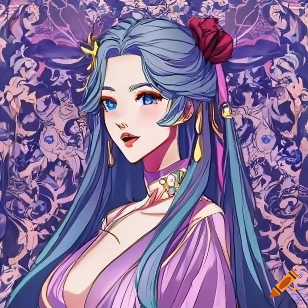 Elegant noble lady with long pink hair and blue eyes in Manhwa style