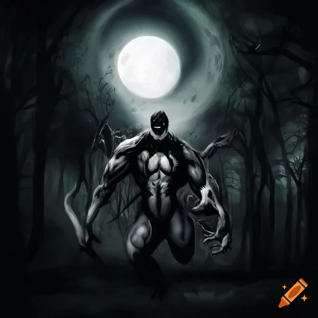 Surreal black and white artwork of Venom in a moonlit forest