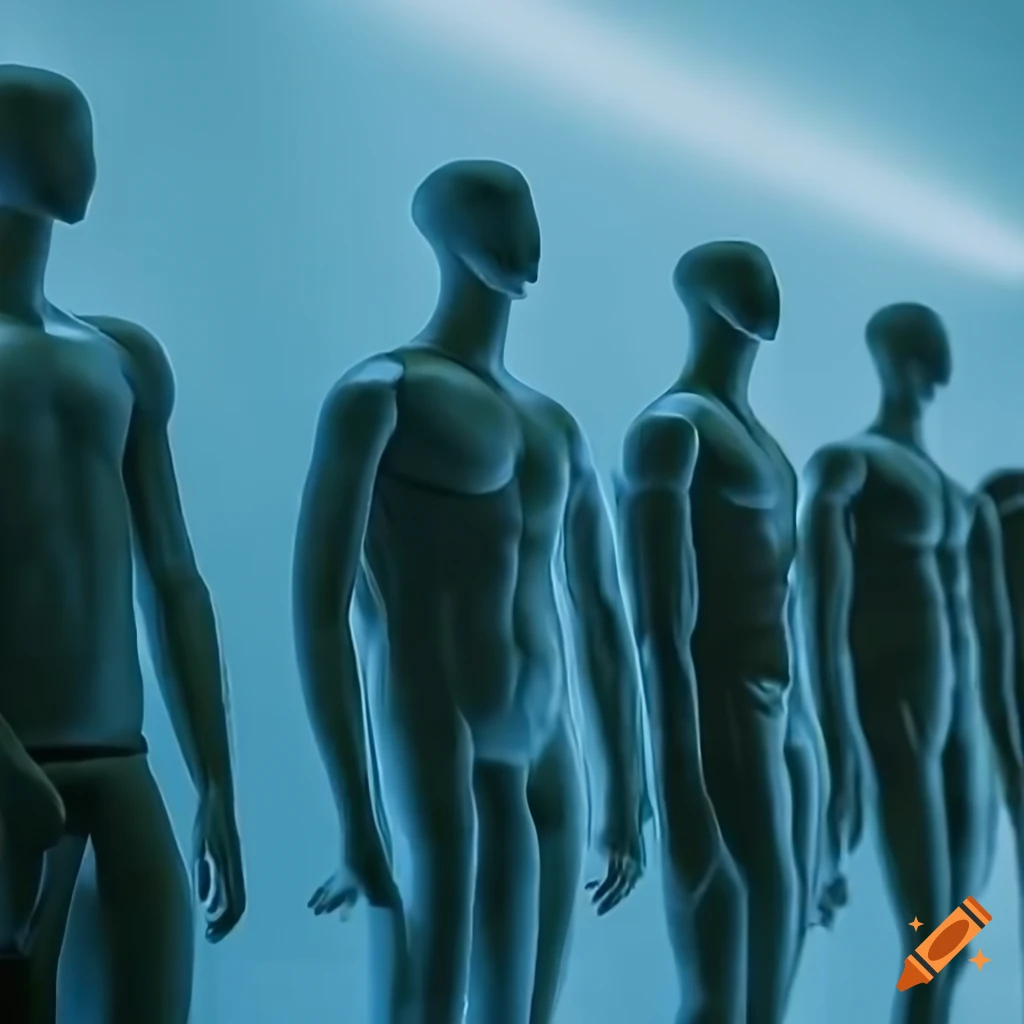 Row of male mannequins in a chillwave style hospital