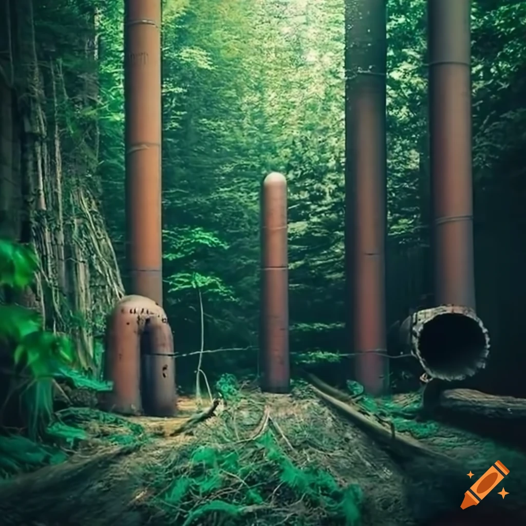 Interior of a forest made of industrial pipes