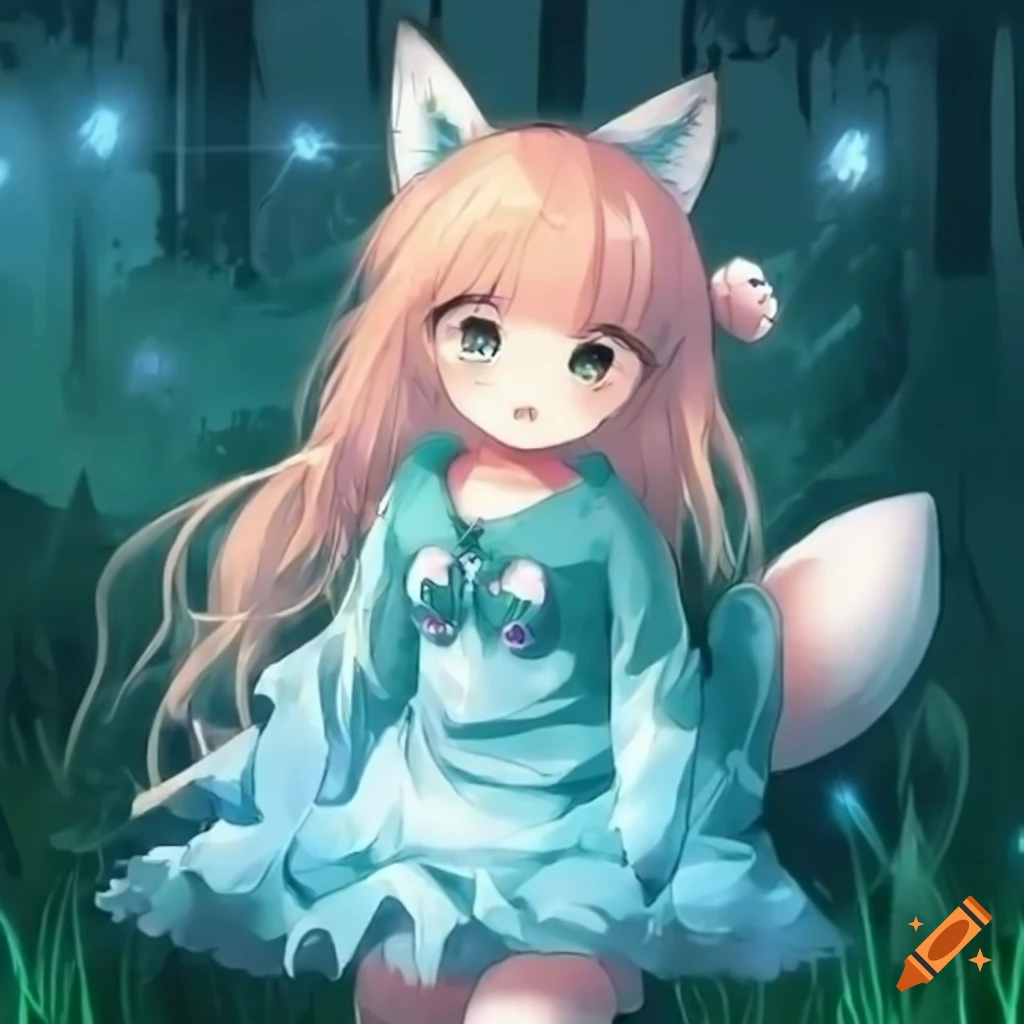 Cute fox girl with green-blue coloring in anime style