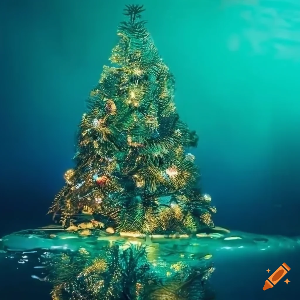 Magical christmas tree with wreaths and tinsel glowing under warm