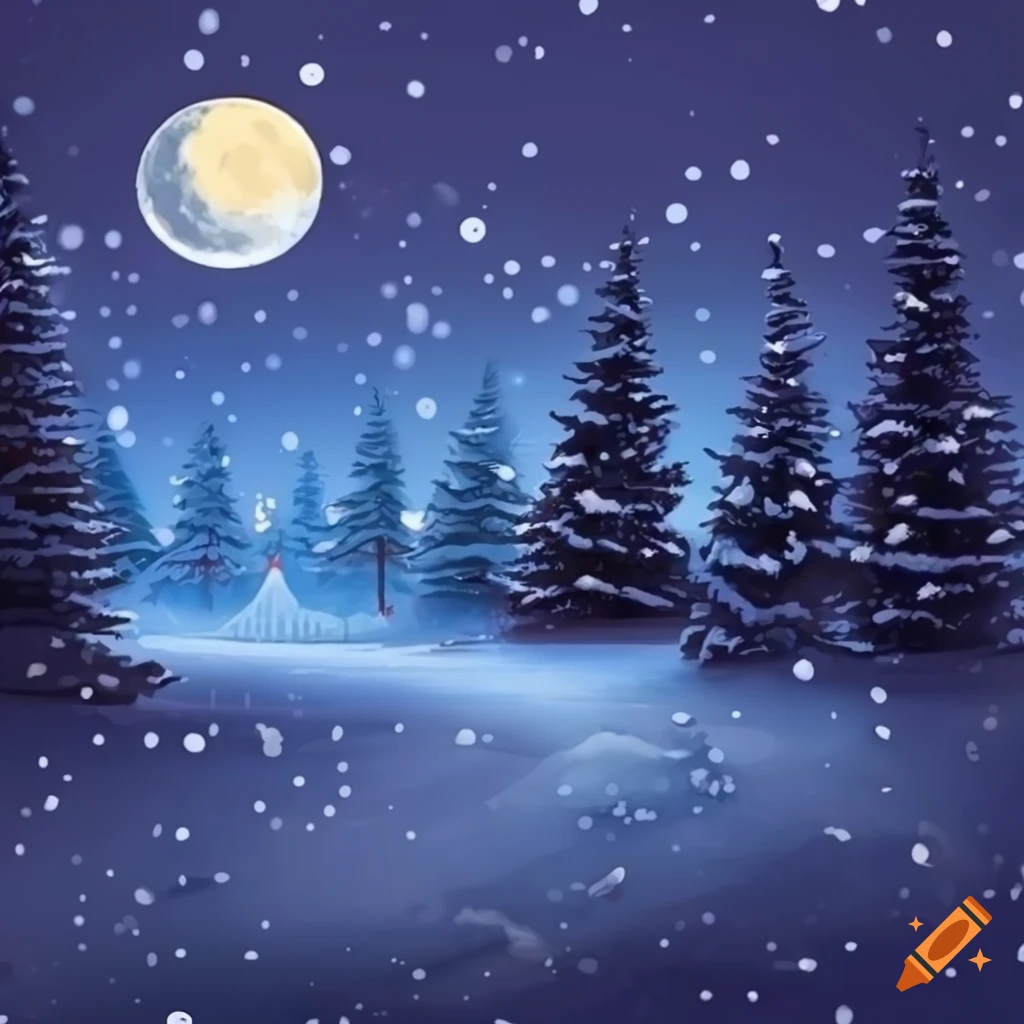 Winter forest at night with small animals and a moon in christmas style ...