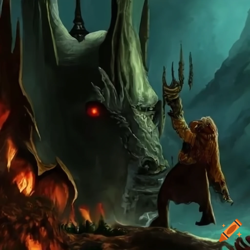 Tom bombadil fighting the dark lord sauron in a perilous landscape on Craiyon
