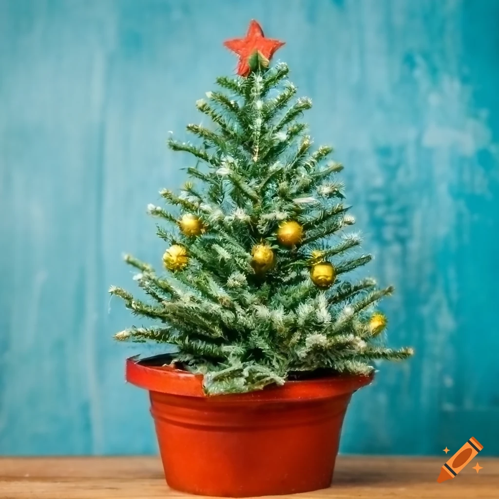Miniature christmas tree in a pot, diorama with cheerful and vibrant colors on Craiyon
