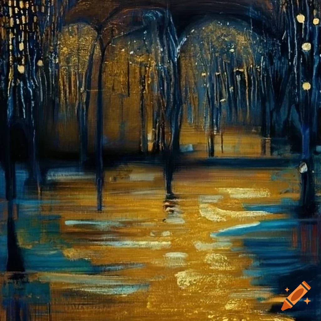 abstract-dark-winter-landscape-painting-with-gold-accents-in-klimt